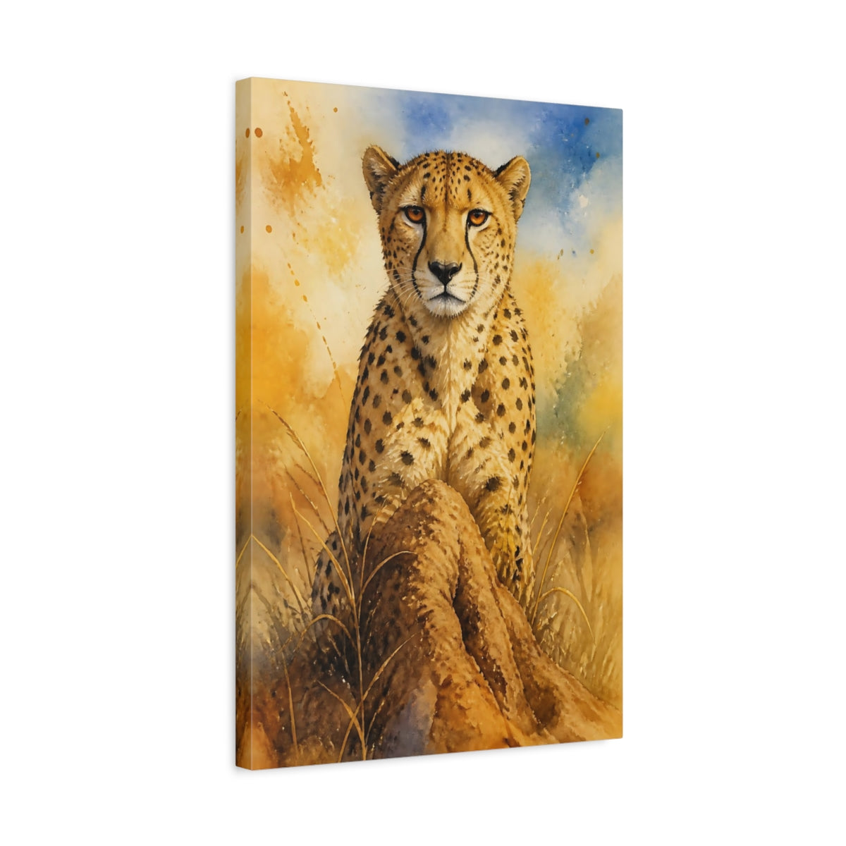 Side Mockup 3. Animals Cheetah Orange Blue Wildlife shown as stretched canvas wall art
