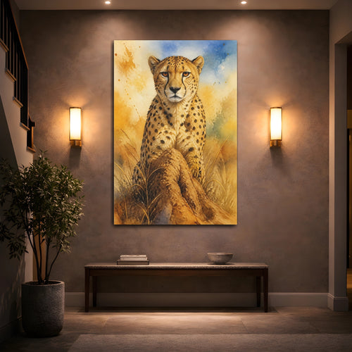 Mockup 2. Animals Cheetah Orange Blue Wildlife shown as stretched canvas wall art