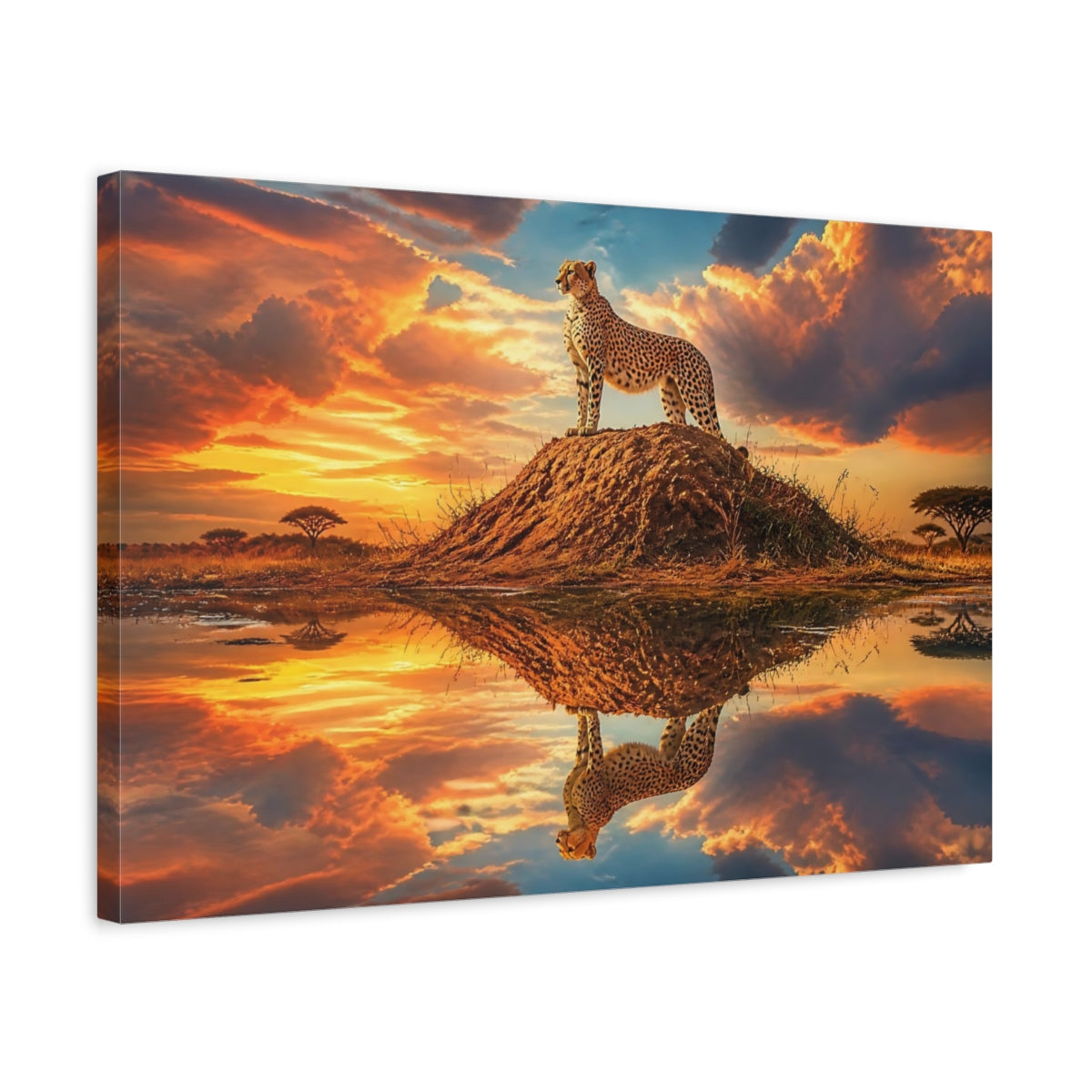 Side Mockup 3. Animals Cheetah Orange Sunset Cheetah shown as stretched canvas wall art