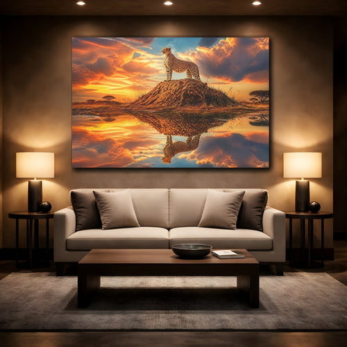 Mockup 2. Animals Cheetah Orange Sunset Cheetah shown as stretched canvas wall art