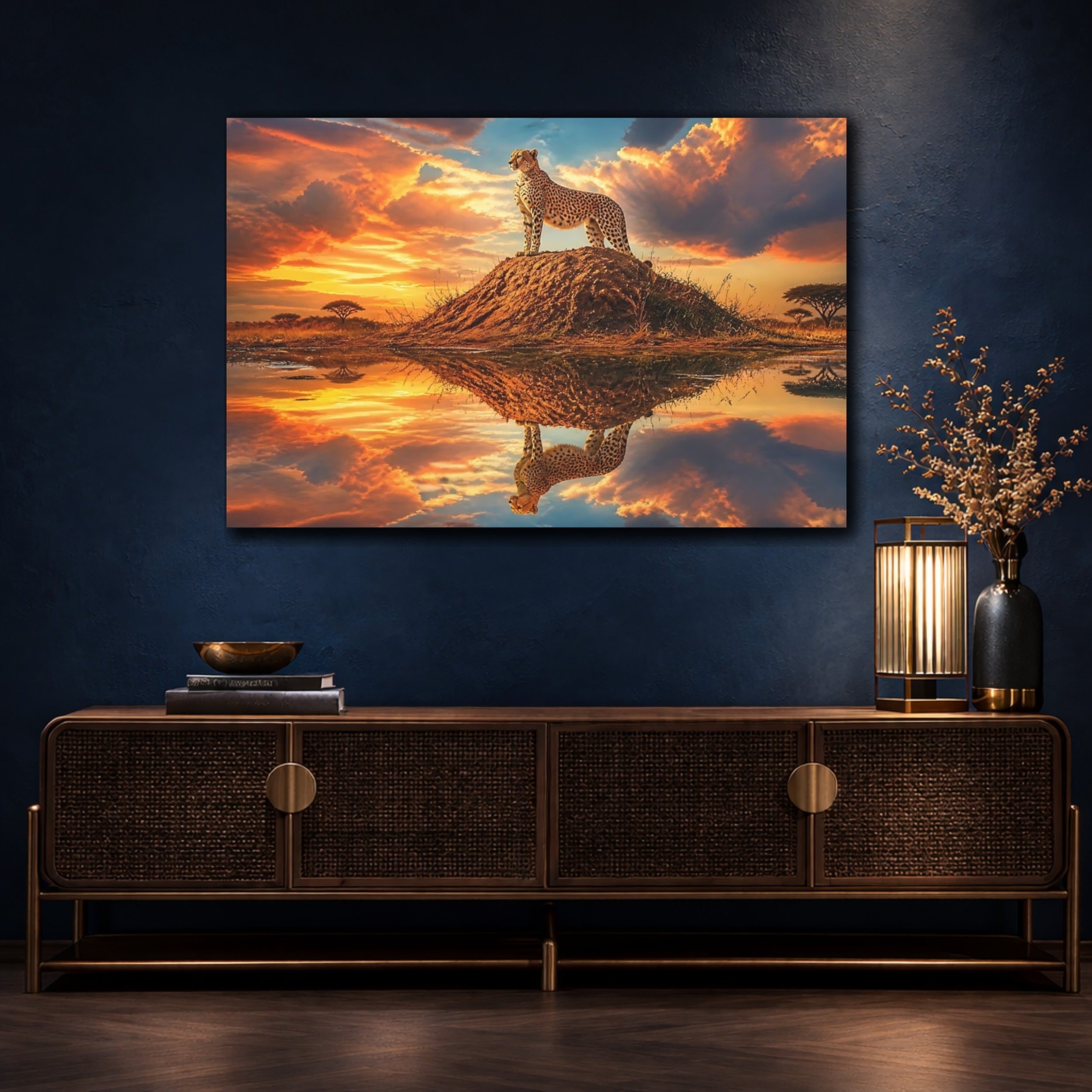Mockup 4. Animals Cheetah Orange Sunset Cheetah shown as stretched canvas wall art