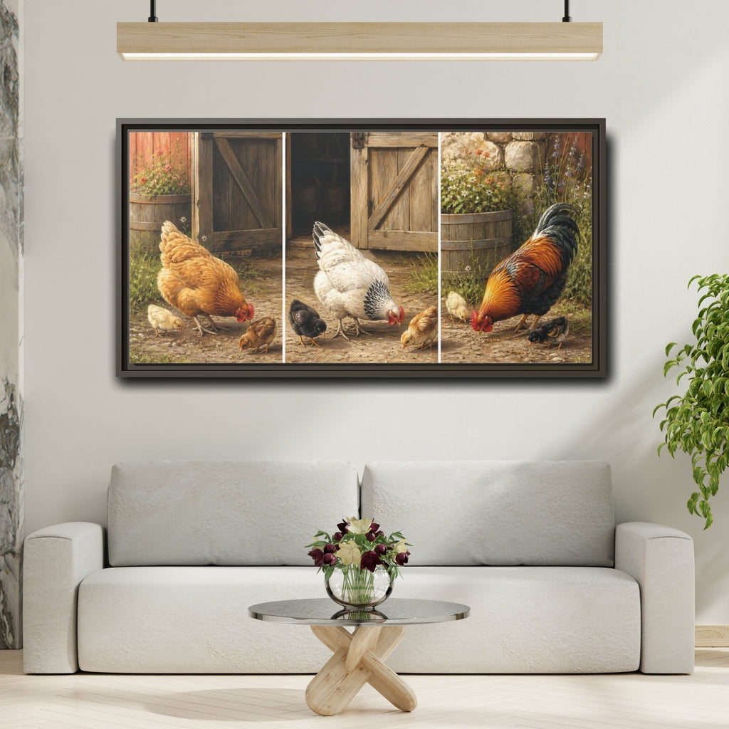 Mockup 2. Animals Chickens Farmyard Animals shown as stretched canvas wall art