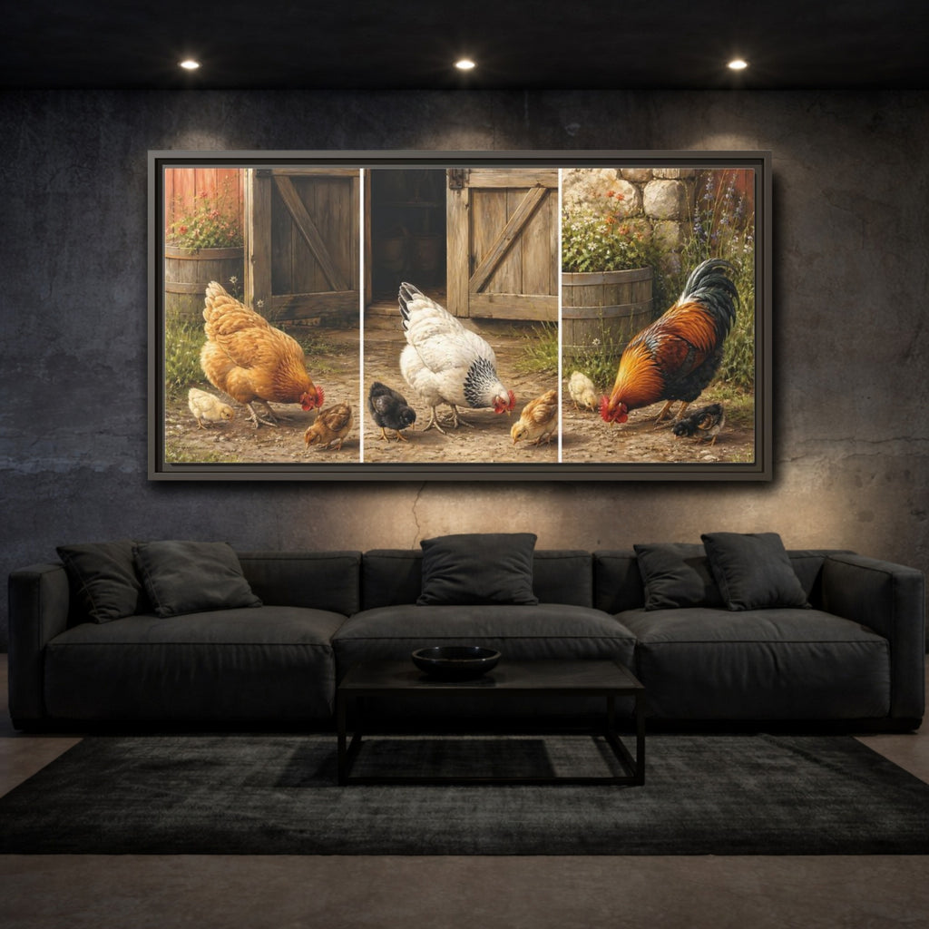 Mockup 3. Animals Chickens Farmyard Animals shown as stretched canvas wall art