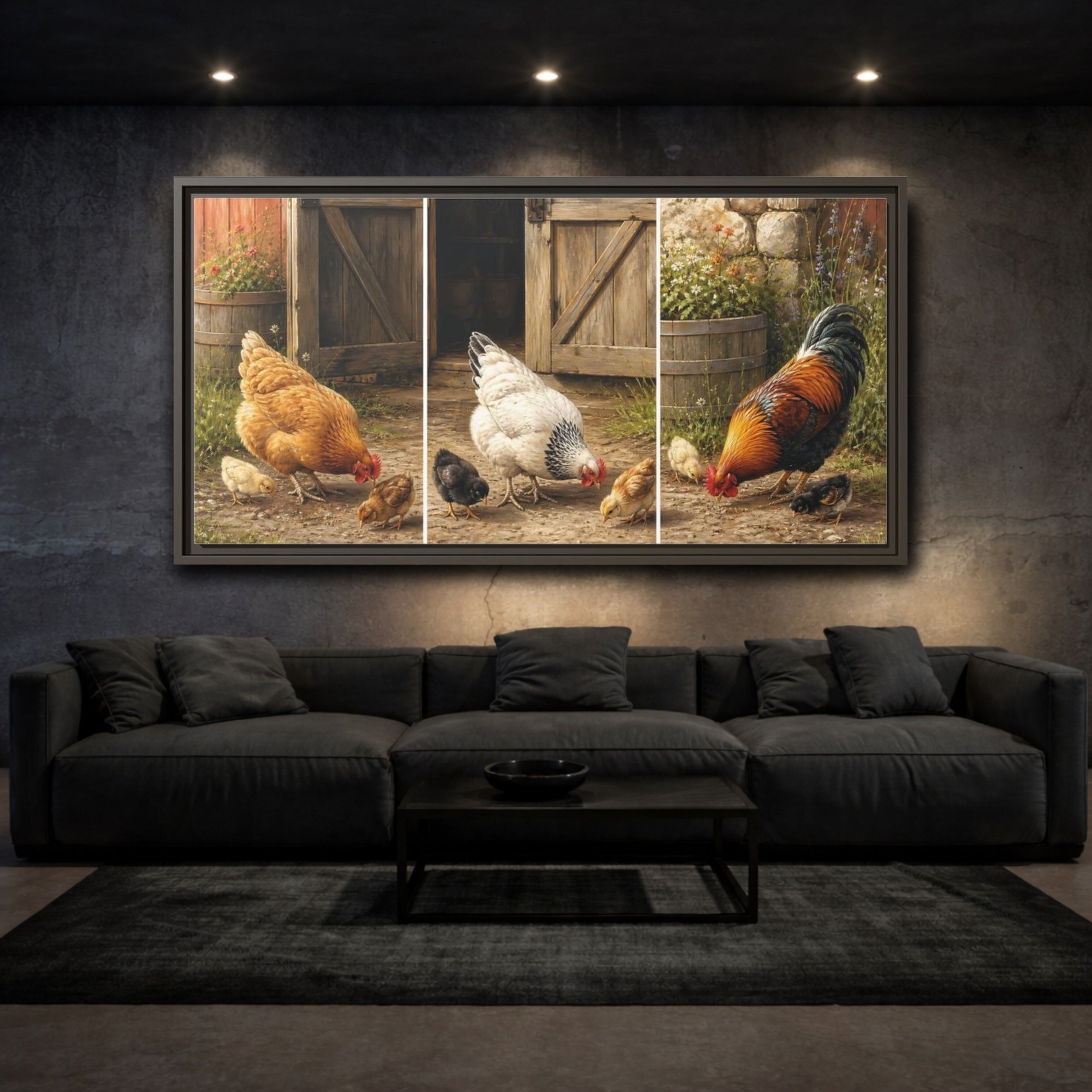 Mockup 3. Animals Chickens Farmyard Animals shown as stretched canvas wall art