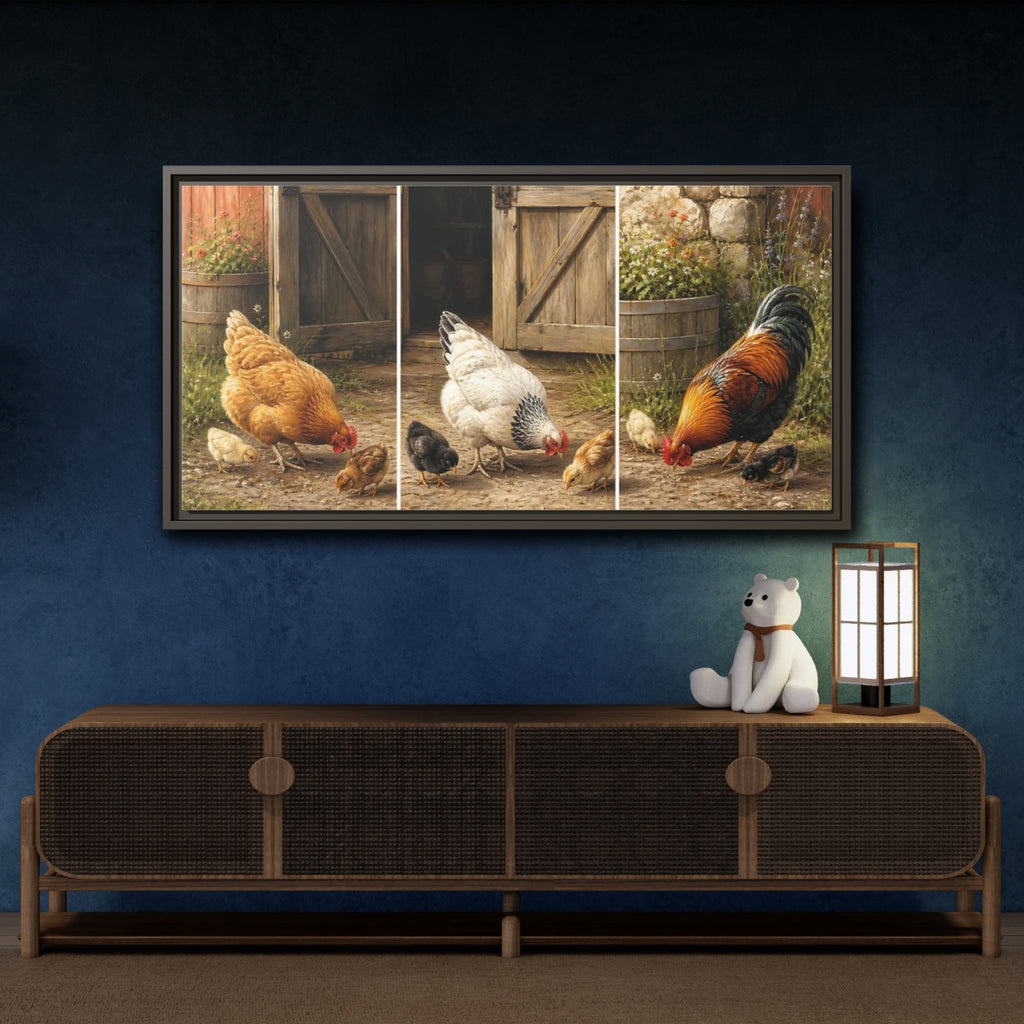 Mockup 4. Animals Chickens Farmyard Animals shown as stretched canvas wall art