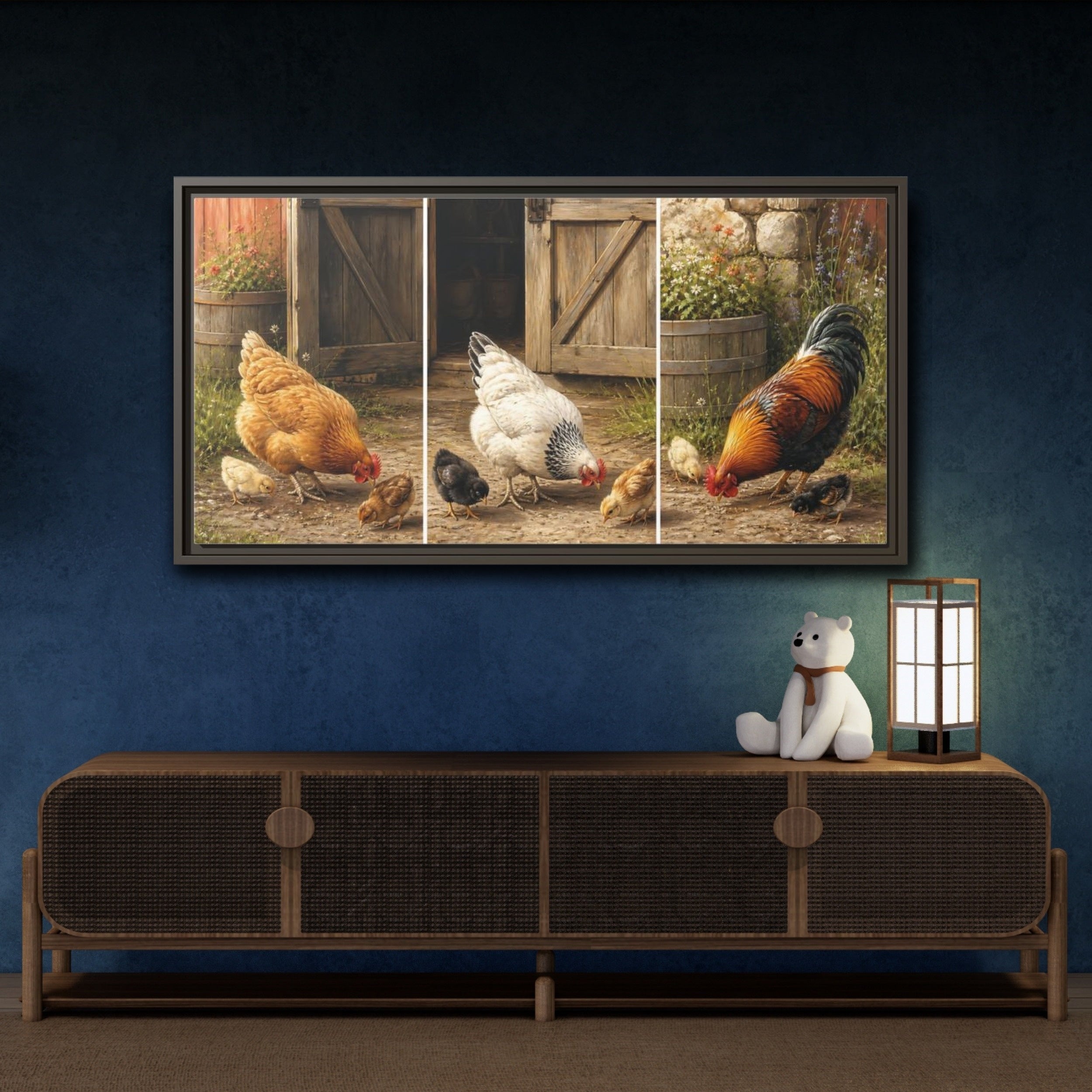 Mockup 4. Animals Chickens Farmyard Animals shown as stretched canvas wall art