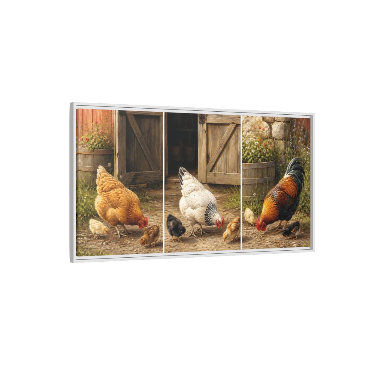 Side Mockup 3. Animals Chickens Farmyard Animals shown as stretched canvas wall art
