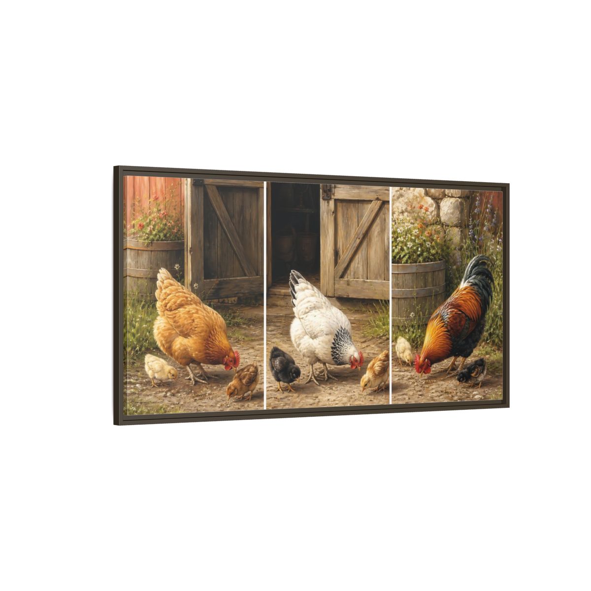 Side Mockup 4. Animals Chickens Farmyard Animals shown as stretched canvas wall art