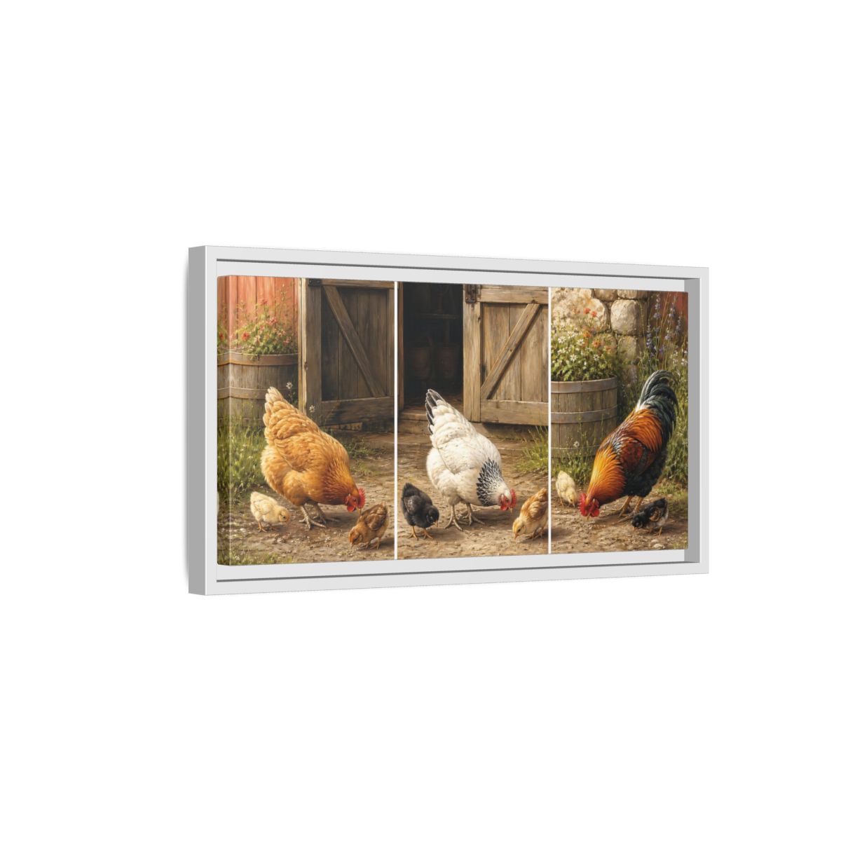 Side Mockup 6. Animals Chickens Farmyard Animals shown as stretched canvas wall art