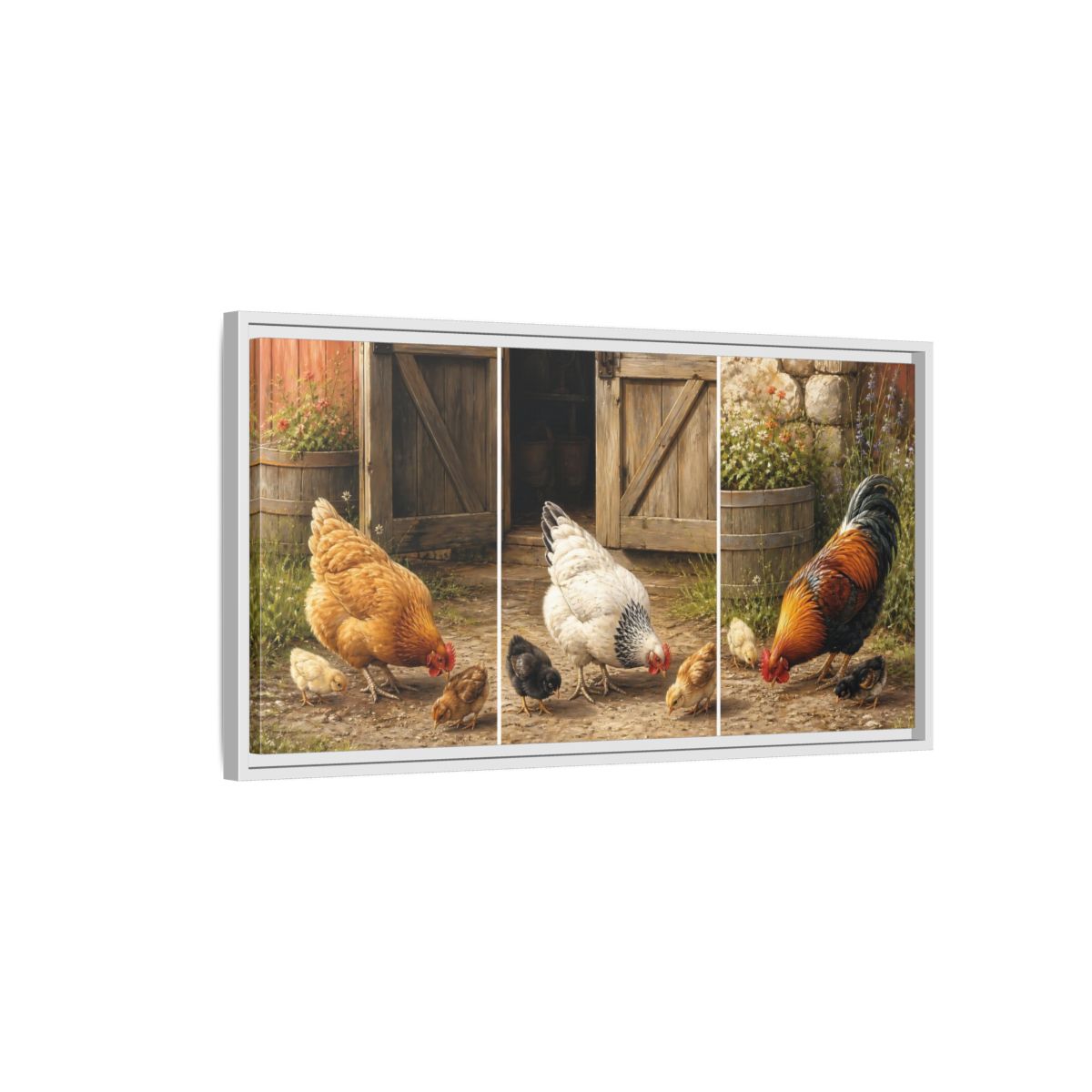 Side Mockup 1. Animals Chickens Farmyard Animals shown as stretched canvas wall art