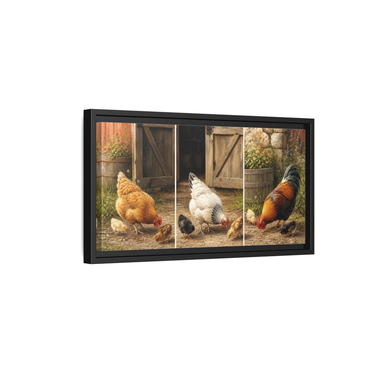 Side Mockup 8. Animals Chickens Farmyard Animals shown as stretched canvas wall art