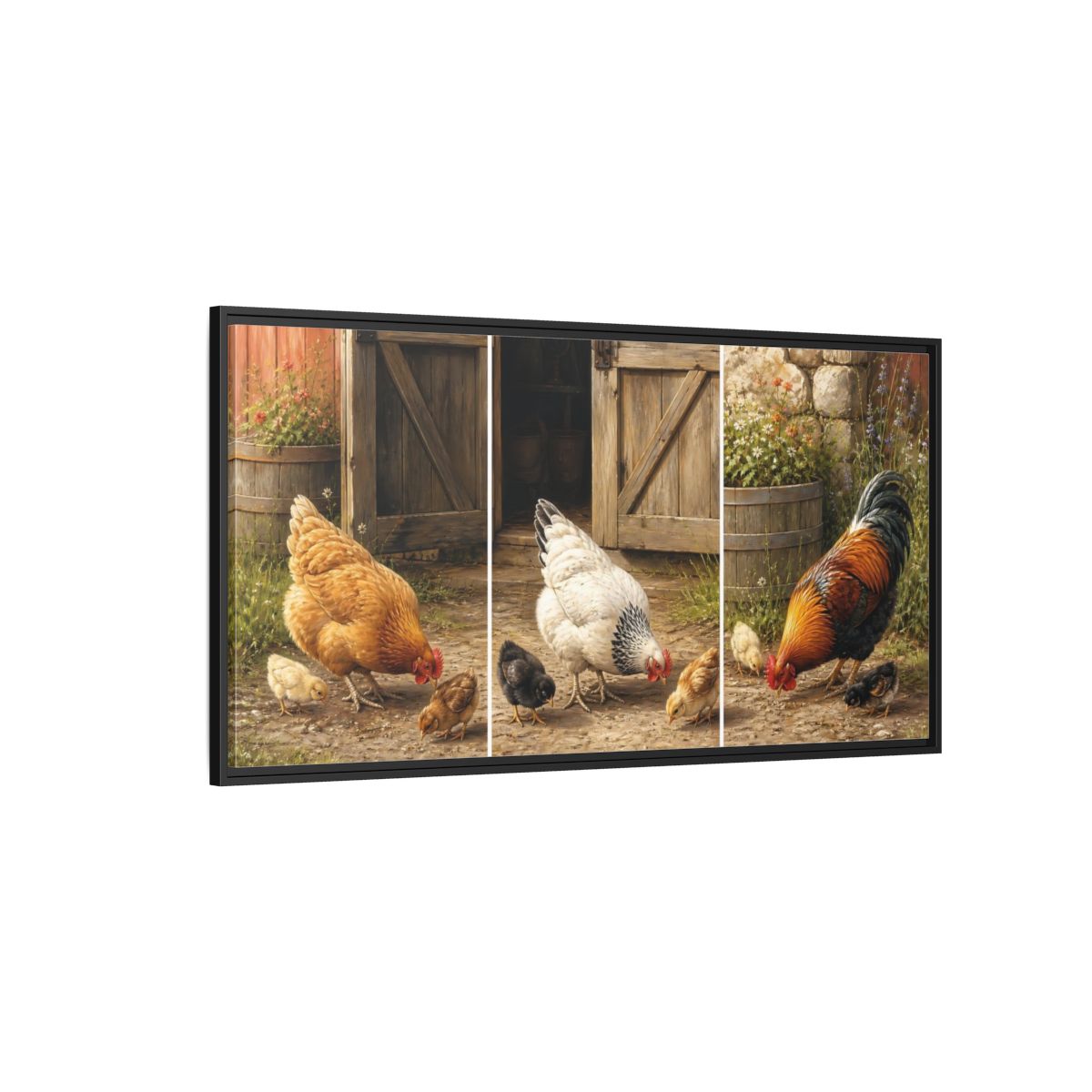 Side Mockup 5. Animals Chickens Farmyard Animals shown as stretched canvas wall art