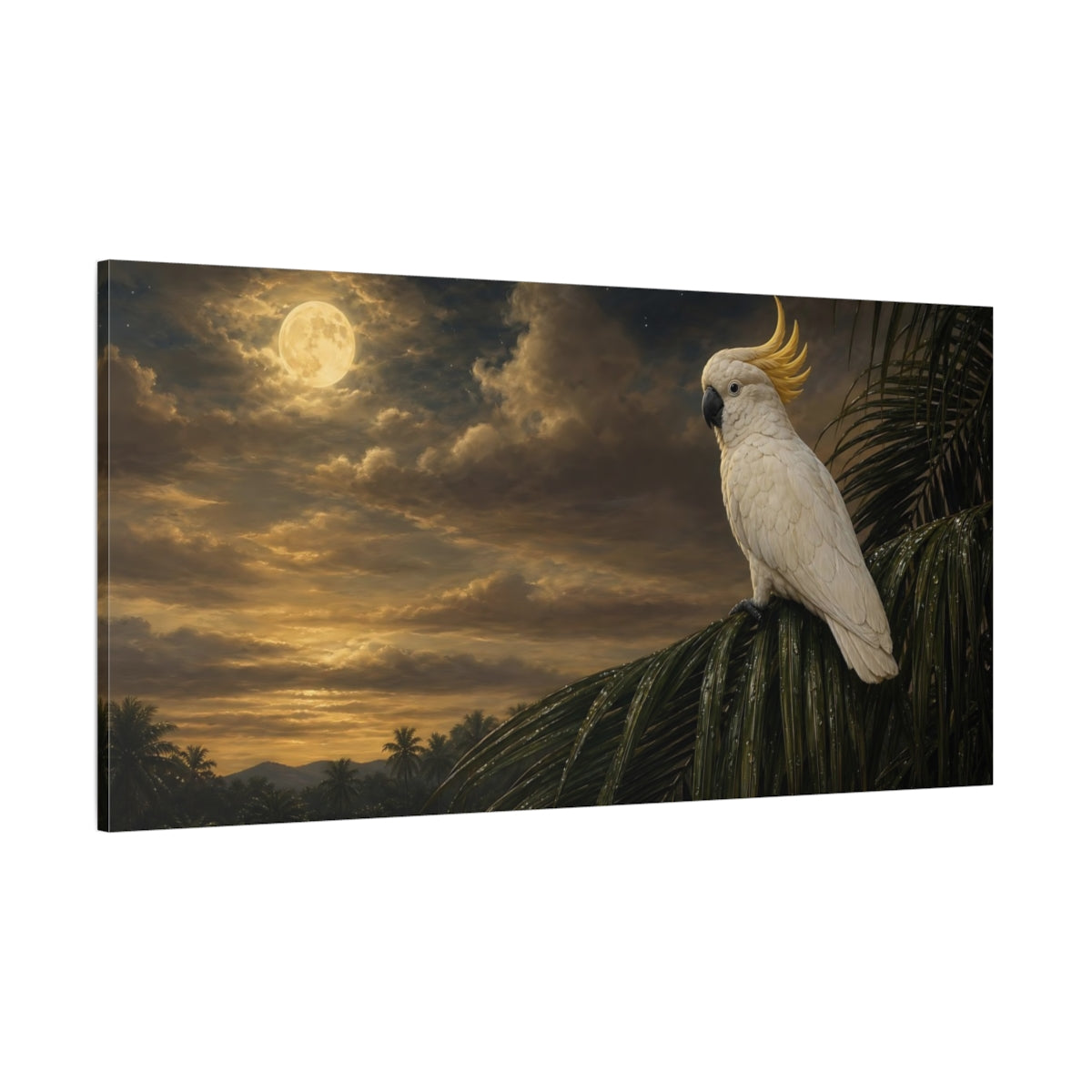Side Mockup 2. Animals Cockatoo Golden Night shown as stretched canvas wall art