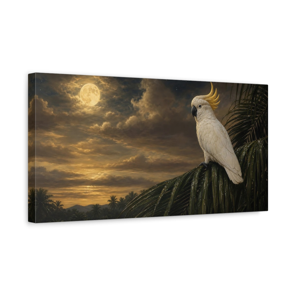 Side Mockup 3. Animals Cockatoo Golden Night shown as stretched canvas wall art