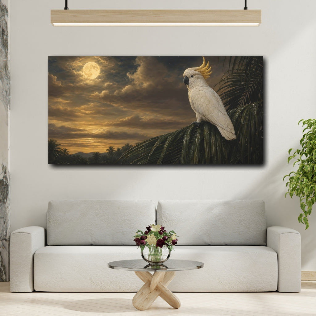 Mockup 2. Animals Cockatoo Golden Night shown as stretched canvas wall art