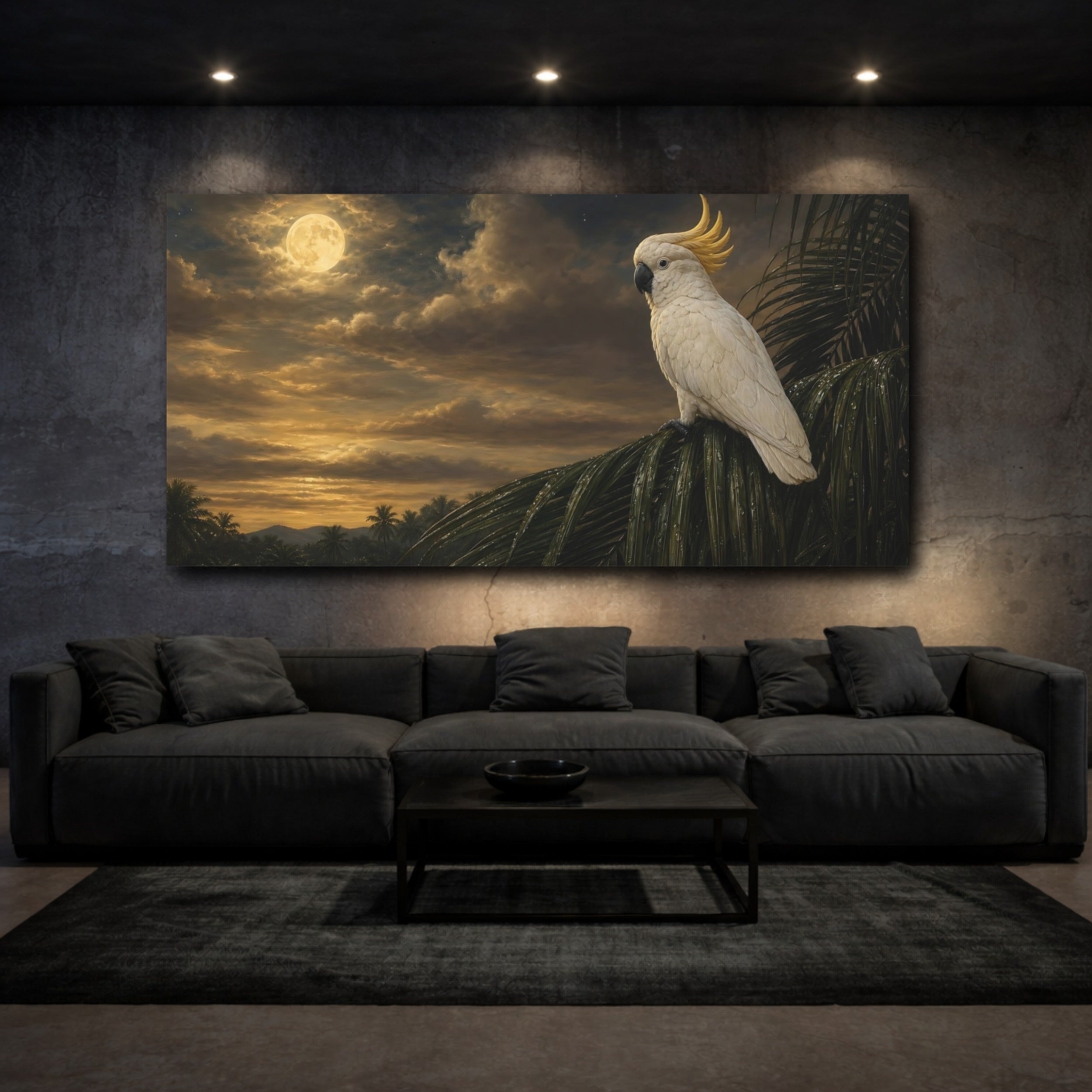 Mockup 3. Animals Cockatoo Golden Night shown as stretched canvas wall art