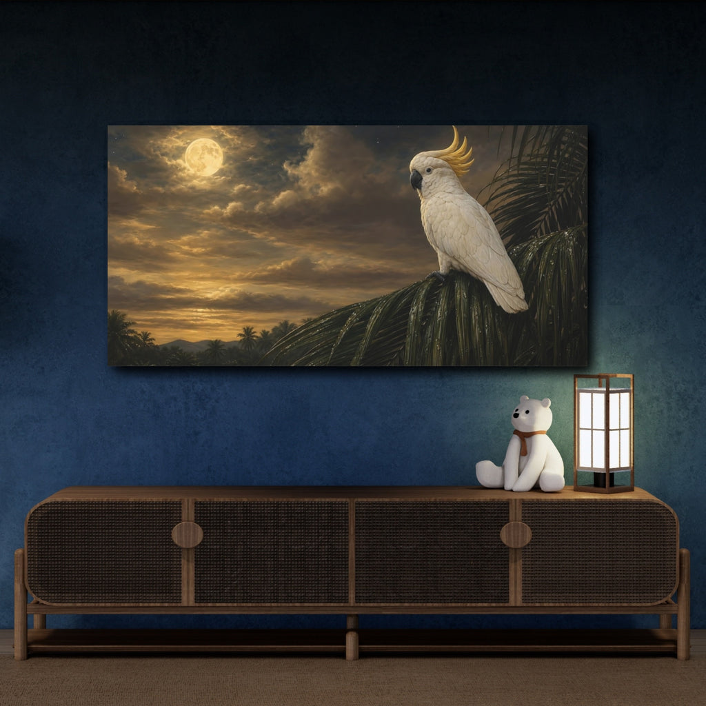 Mockup 4. Animals Cockatoo Golden Night shown as stretched canvas wall art