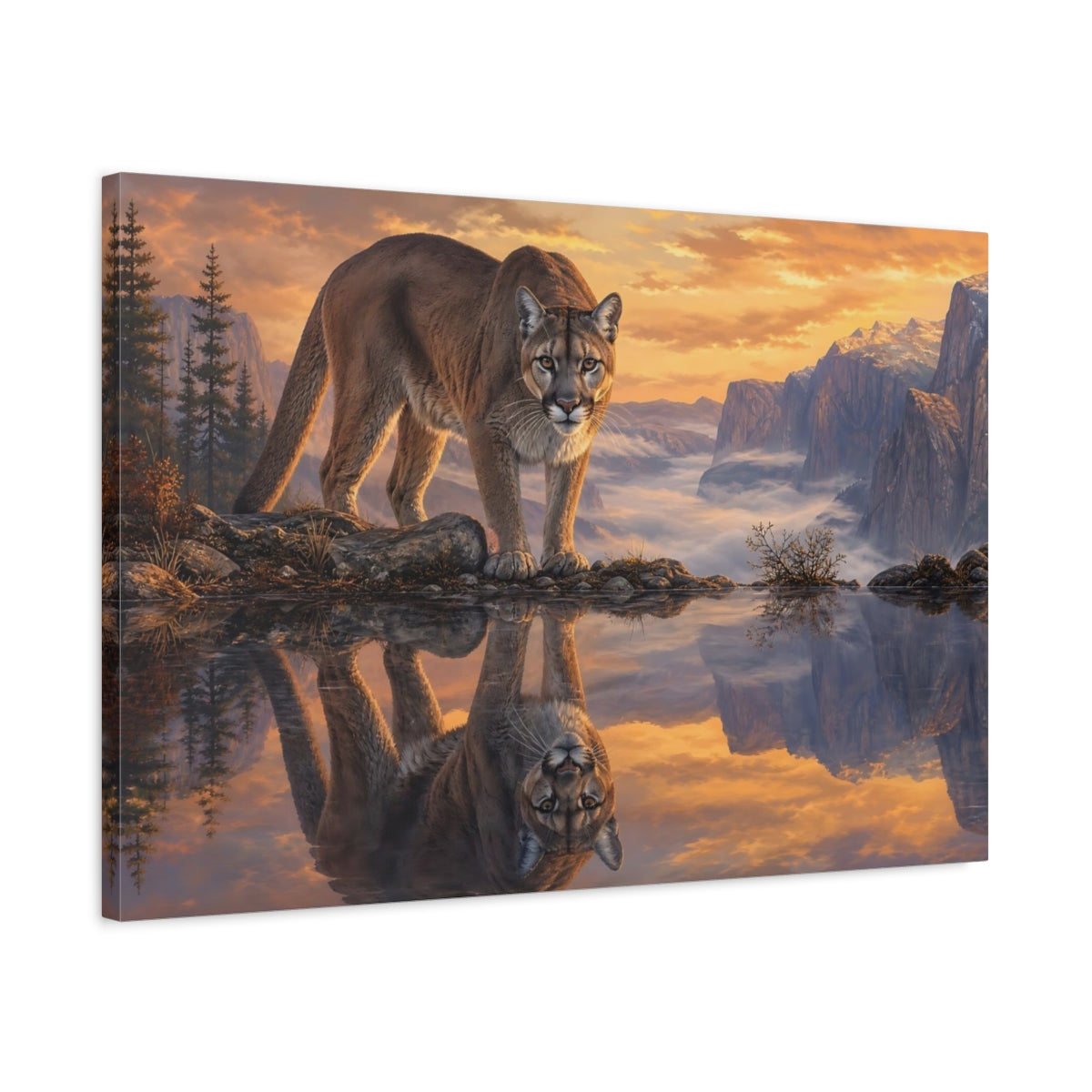 Side Mockup 2. Animals Cougar Brown And Orange shown as stretched canvas wall art