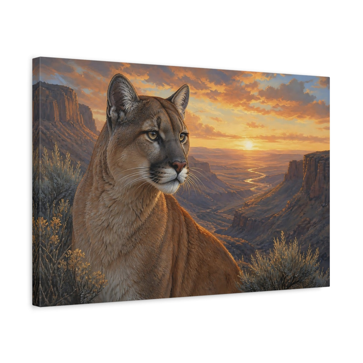 Side Mockup 3. Animals Cougar Brown And Orange shown as stretched canvas wall art