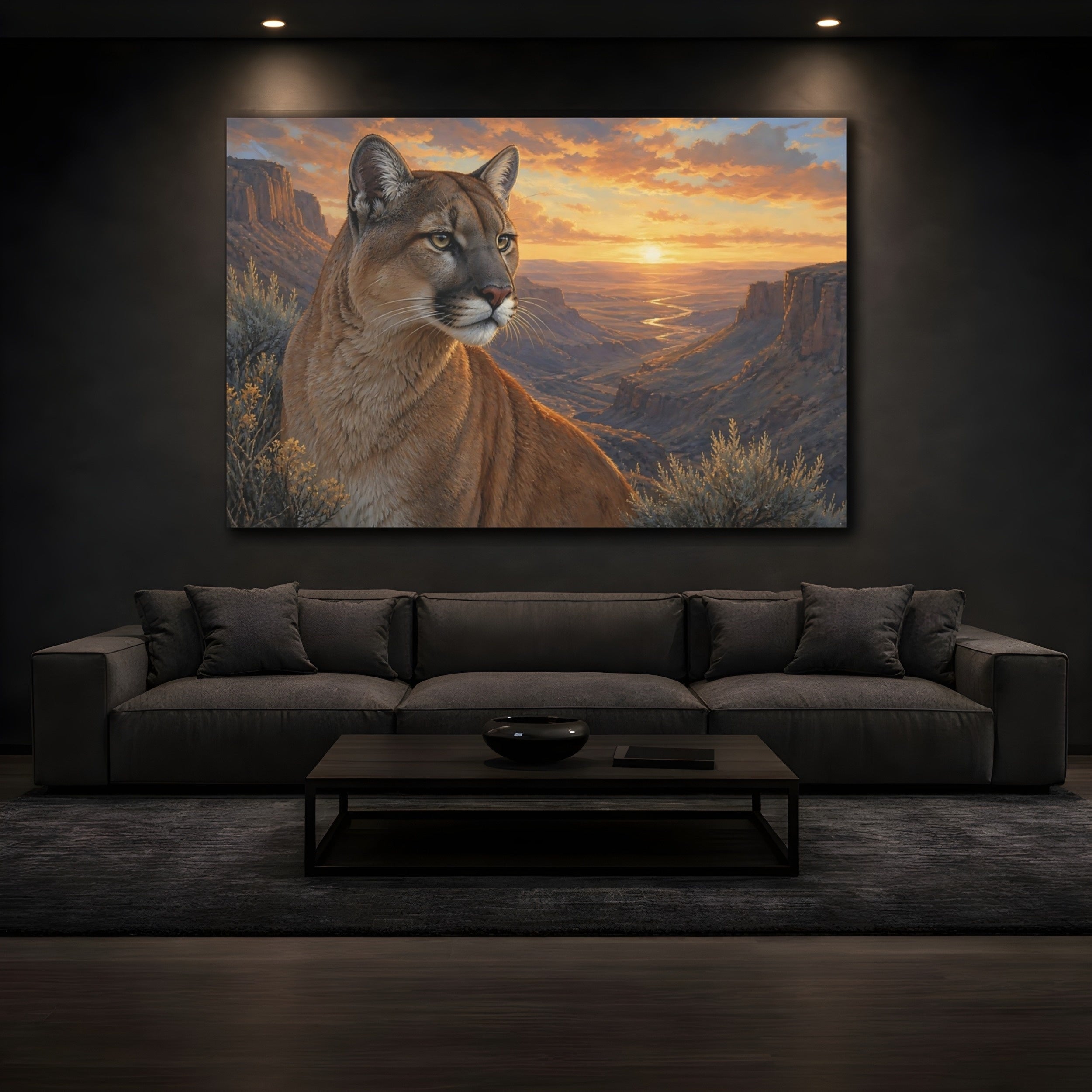 Mockup 3. Animals Cougar Brown And Orange shown as stretched canvas wall art