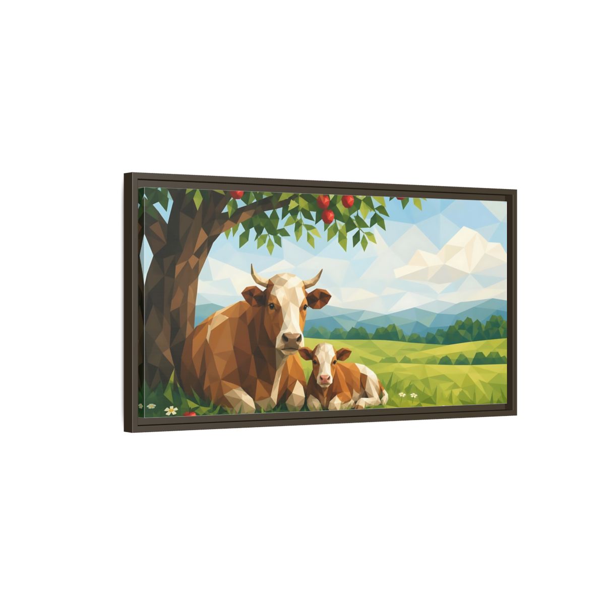 Main Mockup. Animals Cow And Calf Brown And Green Animals shown as stretched canvas wall art
