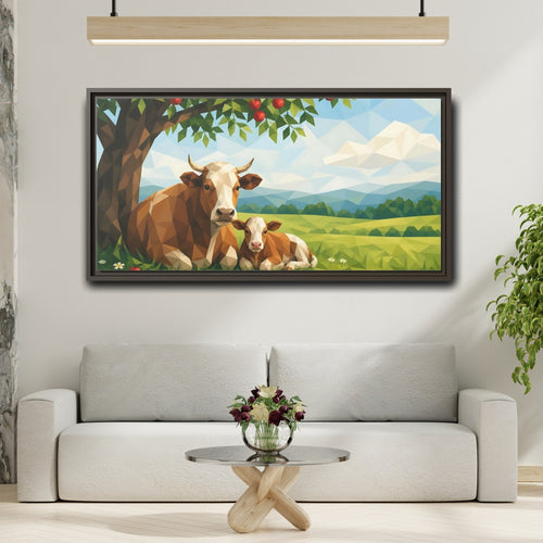 Mockup 2. Animals Cow And Calf Brown And Green Animals shown as stretched canvas wall art