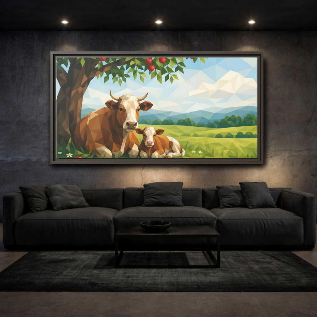 Mockup 3. Animals Cow And Calf Brown And Green Animals shown as stretched canvas wall art