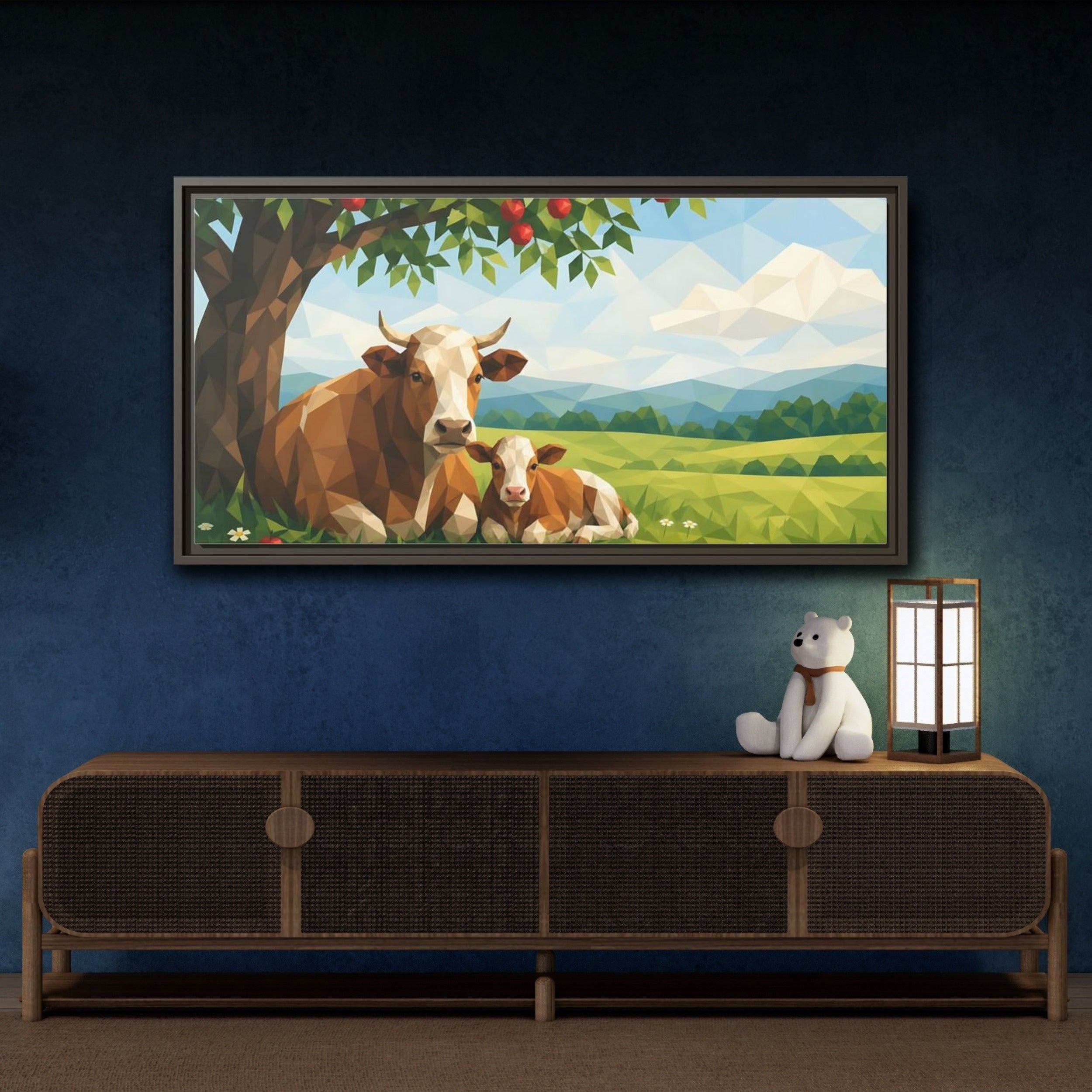 Mockup 4. Animals Cow And Calf Brown And Green Animals shown as stretched canvas wall art