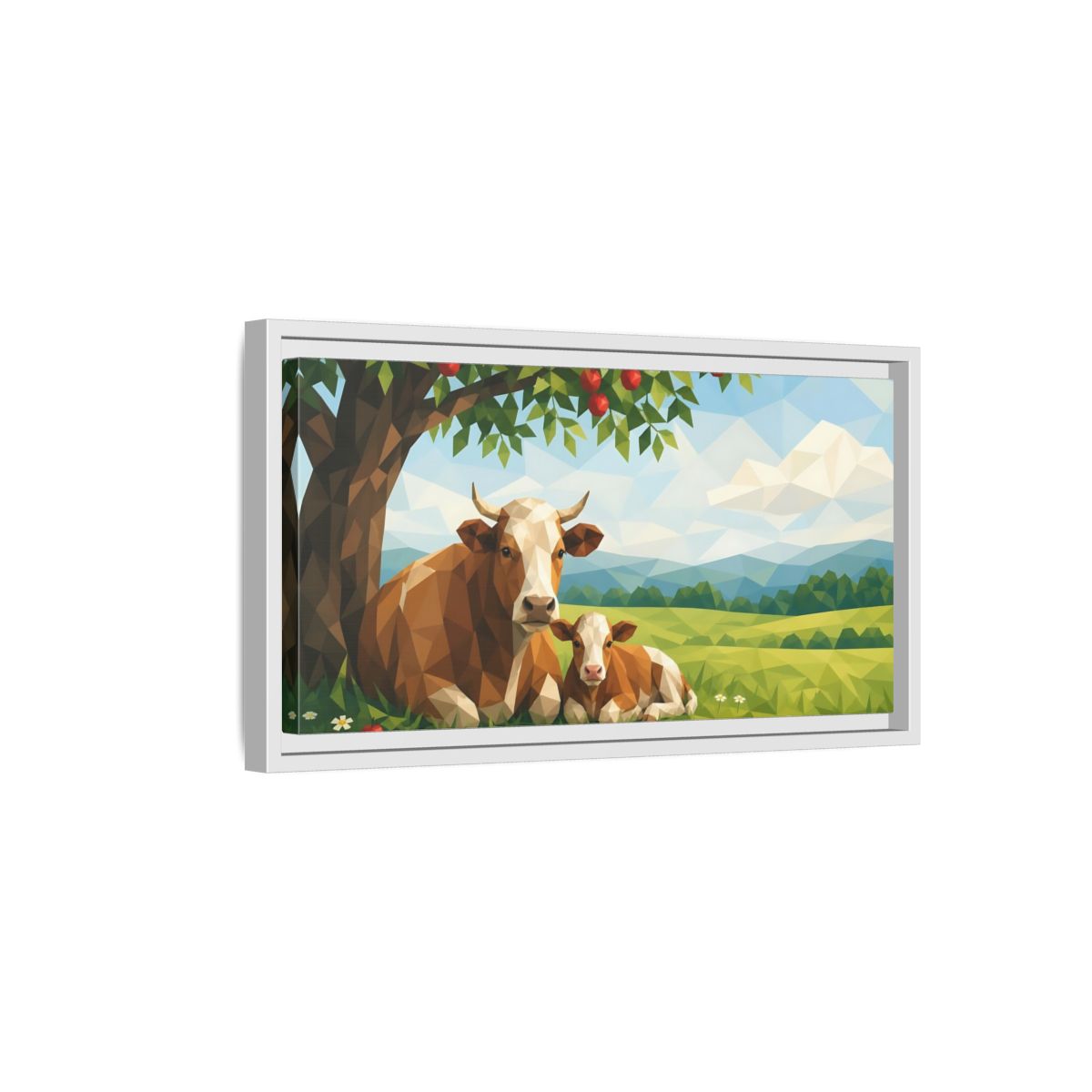 Side Mockup 6. Animals Cow And Calf Brown And Green Animals shown as stretched canvas wall art