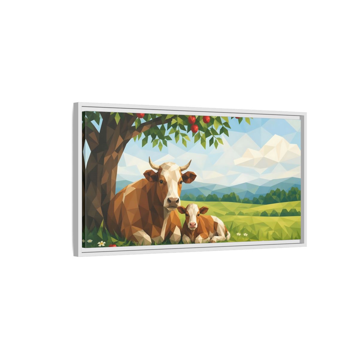 Side Mockup 1. Animals Cow And Calf Brown And Green Animals shown as stretched canvas wall art