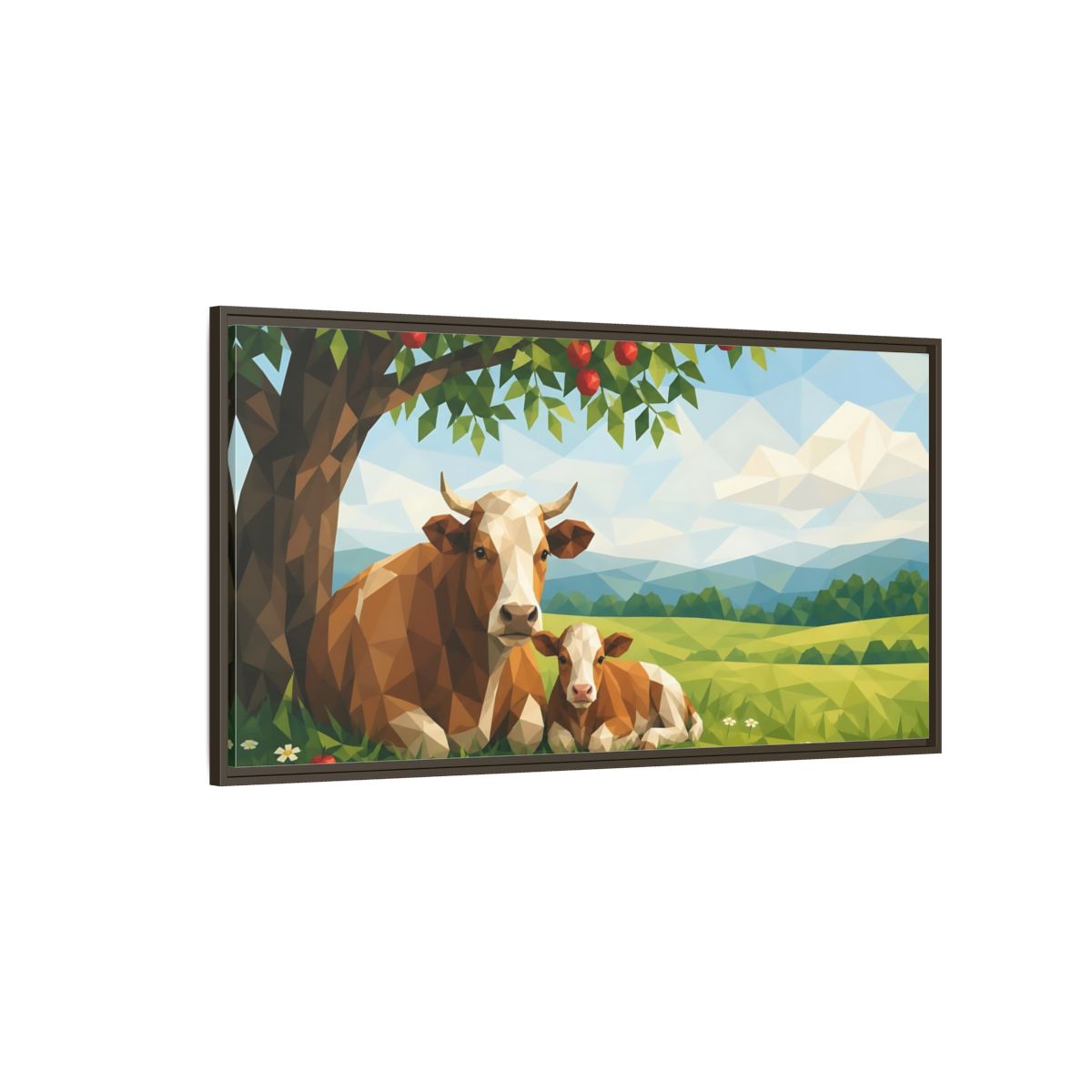 Side Mockup 4. Animals Cow And Calf Brown And Green Animals shown as stretched canvas wall art
