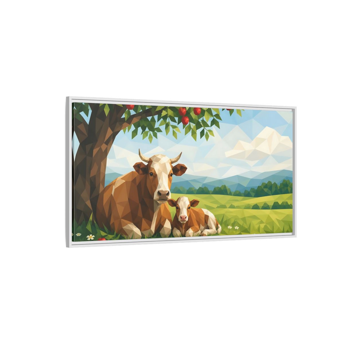 Side Mockup 3. Animals Cow And Calf Brown And Green Animals shown as stretched canvas wall art