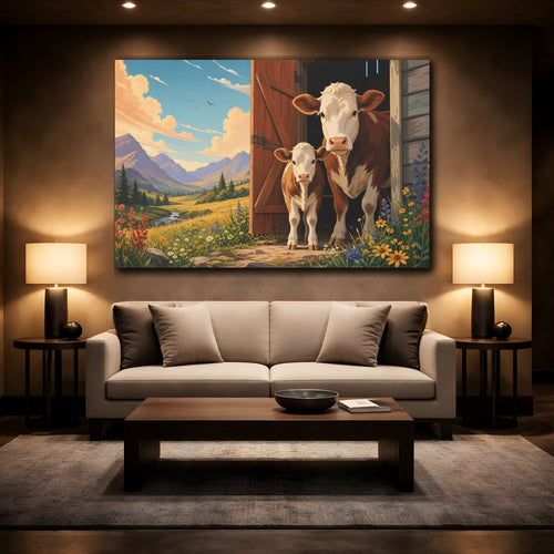 Mockup 2. Animals Cows Cows In Mountains shown as stretched canvas wall art