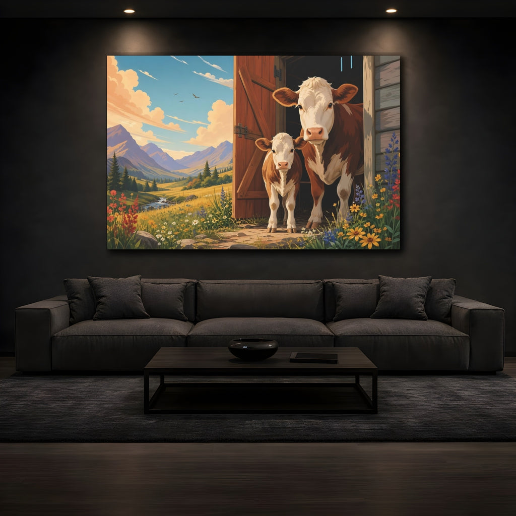 Mockup 3. Animals Cows Cows In Mountains shown as stretched canvas wall art