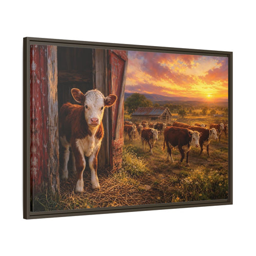 Main Mockup. Animals Cows Farm Sunset shown as stretched canvas wall art