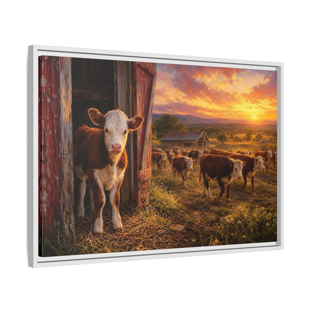 Side Mockup 10. Animals Cows Farm Sunset shown as stretched canvas wall art