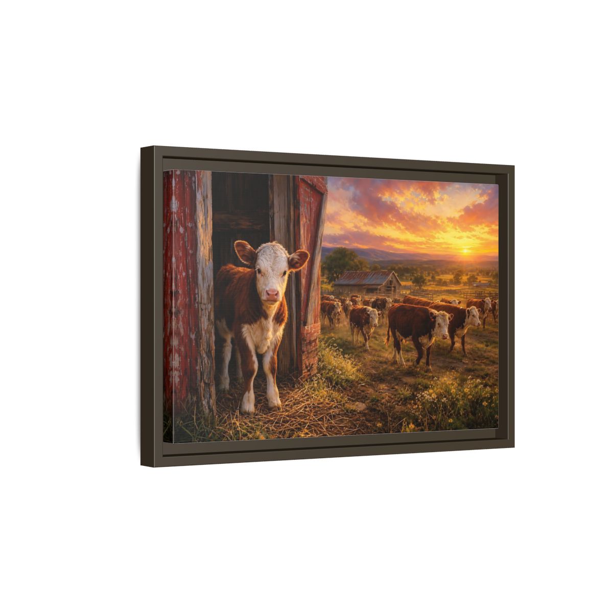 Side Mockup 5. Animals Cows Farm Sunset shown as stretched canvas wall art