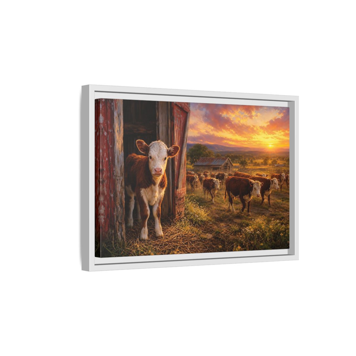 Side Mockup 4. Animals Cows Farm Sunset shown as stretched canvas wall art