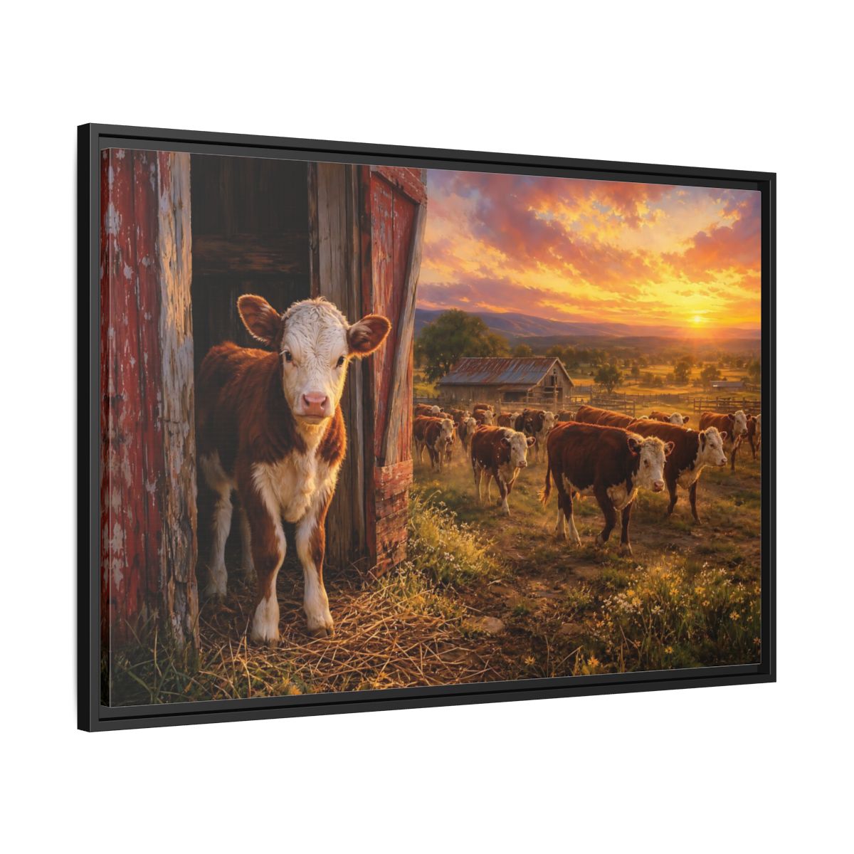 Side Mockup 13. Animals Cows Farm Sunset shown as stretched canvas wall art