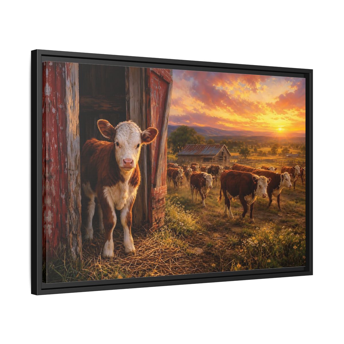 Side Mockup 14. Animals Cows Farm Sunset shown as stretched canvas wall art
