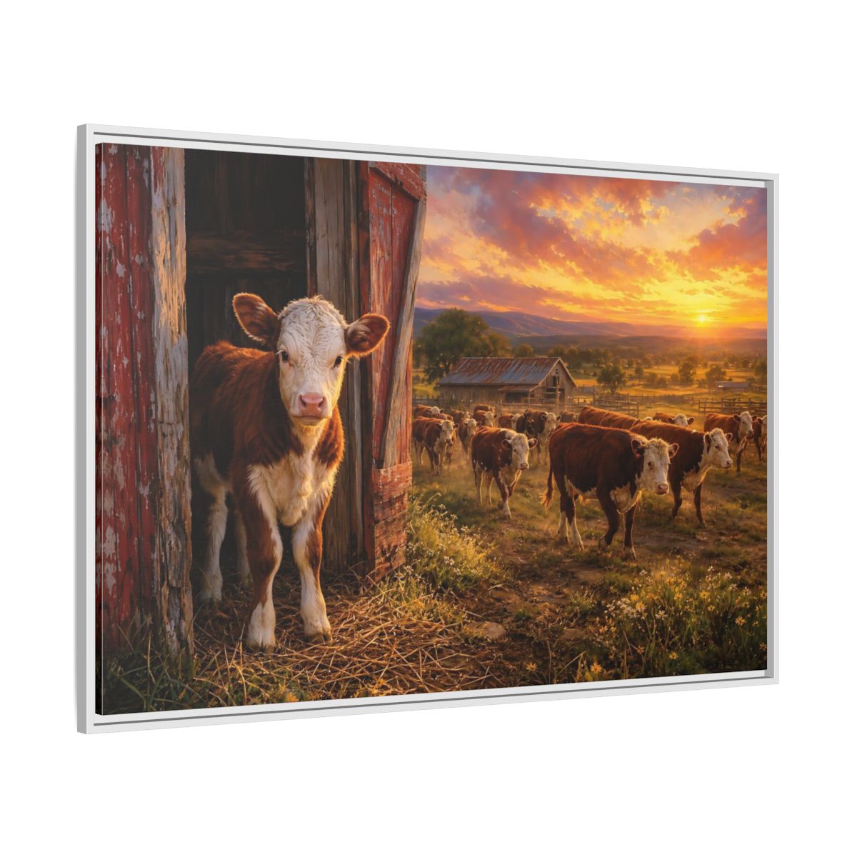 Side Mockup 7. Animals Cows Farm Sunset shown as stretched canvas wall art