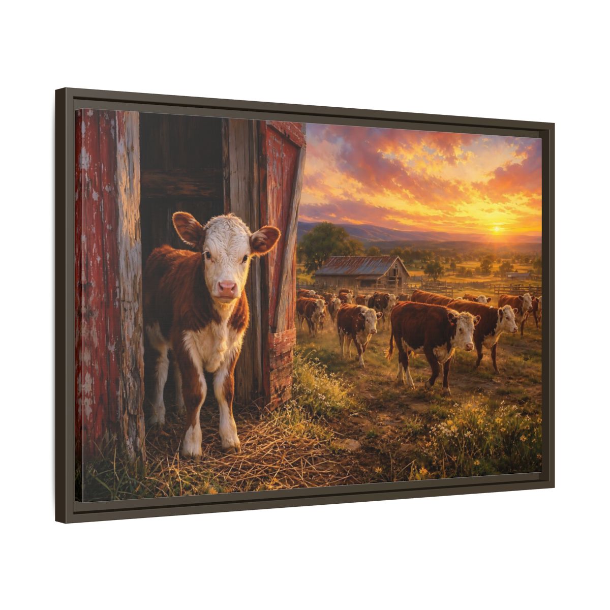 Side Mockup 11. Animals Cows Farm Sunset shown as stretched canvas wall art