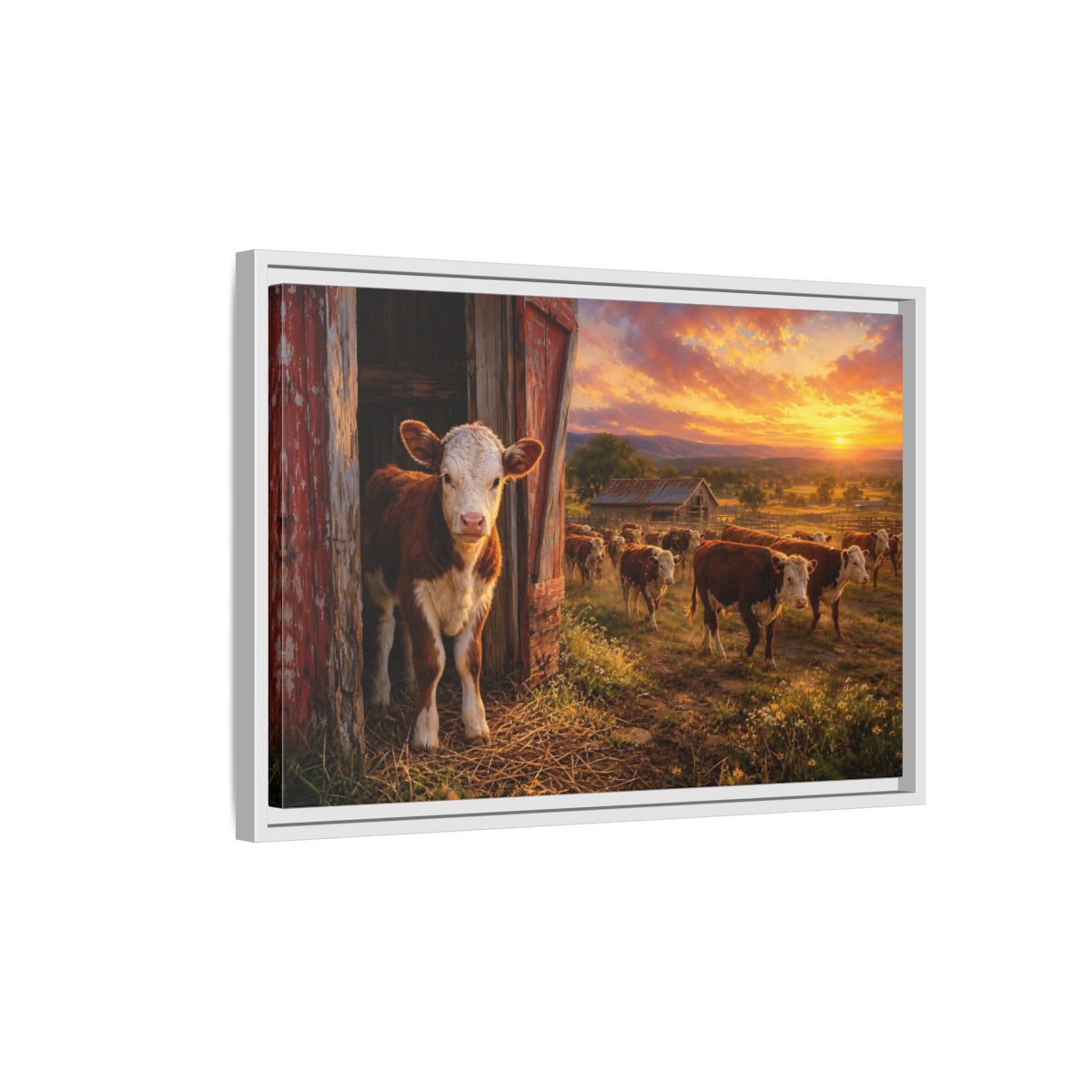 Side Mockup 1. Animals Cows Farm Sunset shown as stretched canvas wall art