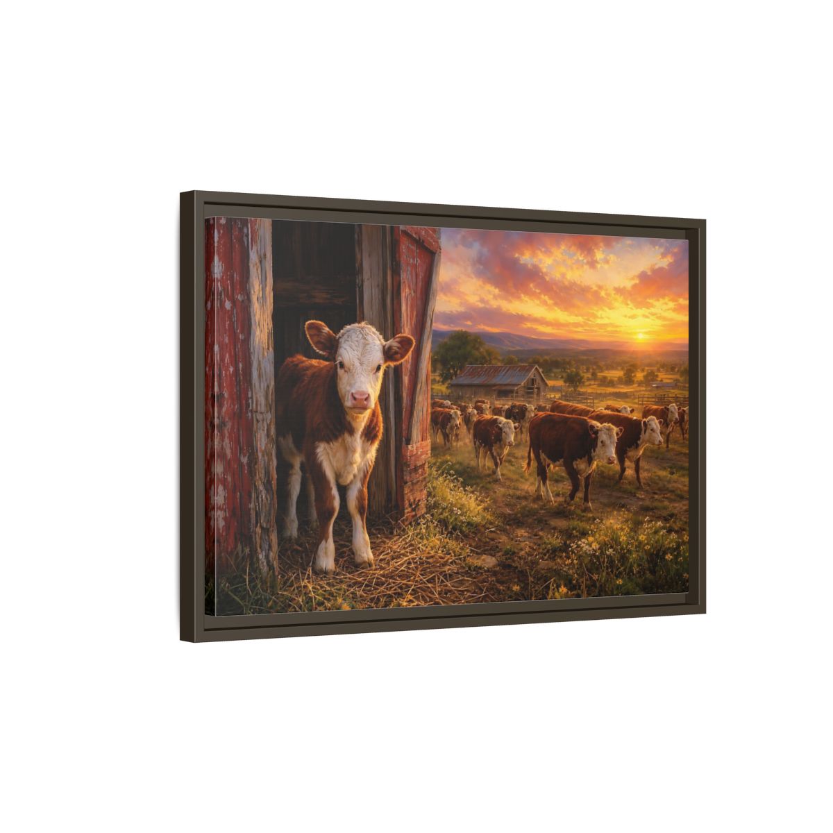 Side Mockup 2. Animals Cows Farm Sunset shown as stretched canvas wall art