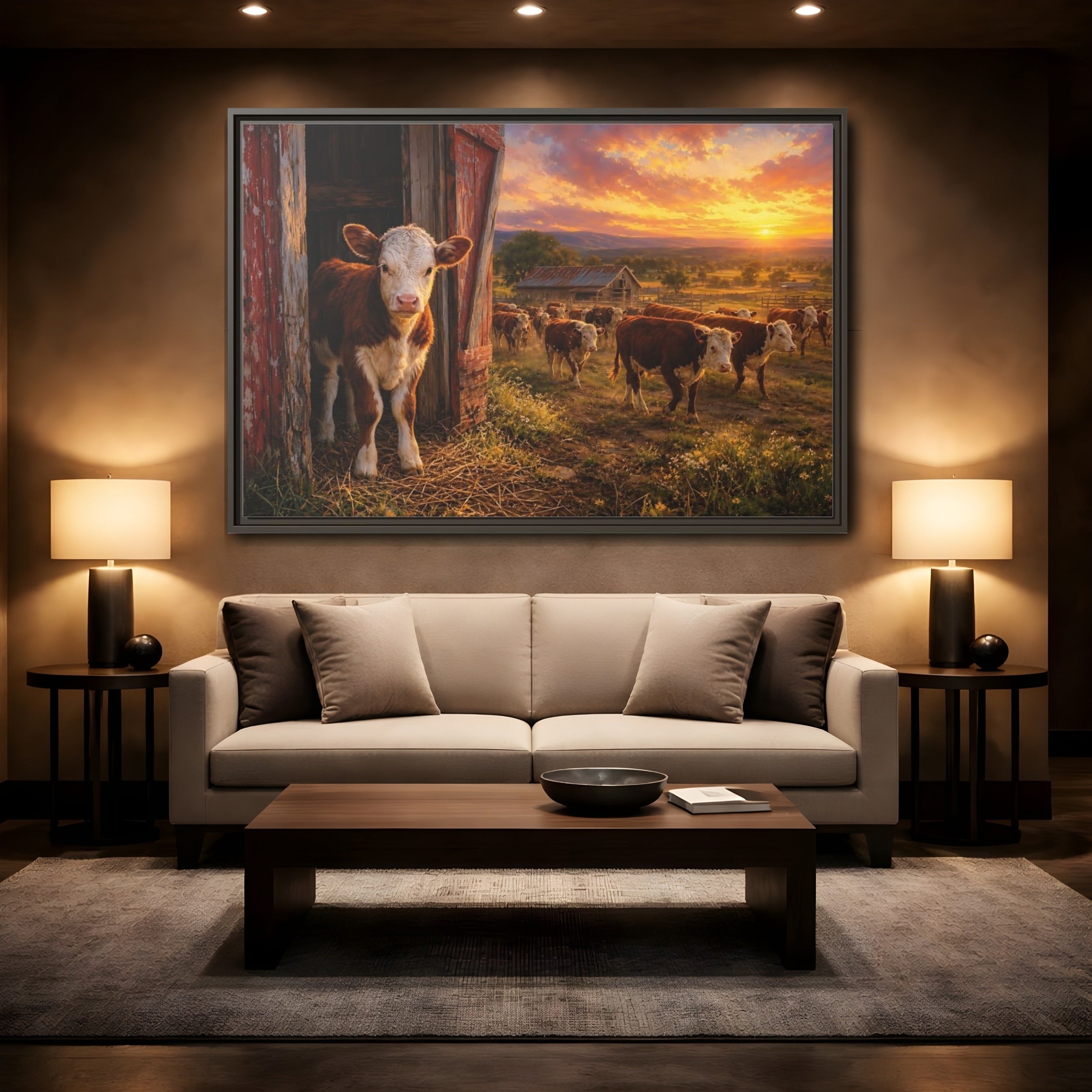 Mockup 2. Animals Cows Farm Sunset shown as stretched canvas wall art