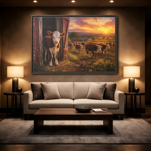 Mockup 2. Animals Cows Farm Sunset shown as stretched canvas wall art