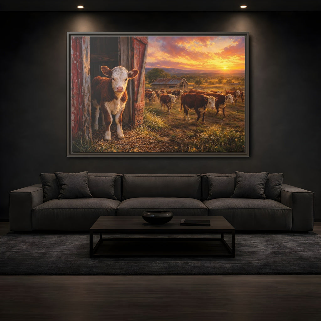Mockup 3. Animals Cows Farm Sunset shown as stretched canvas wall art