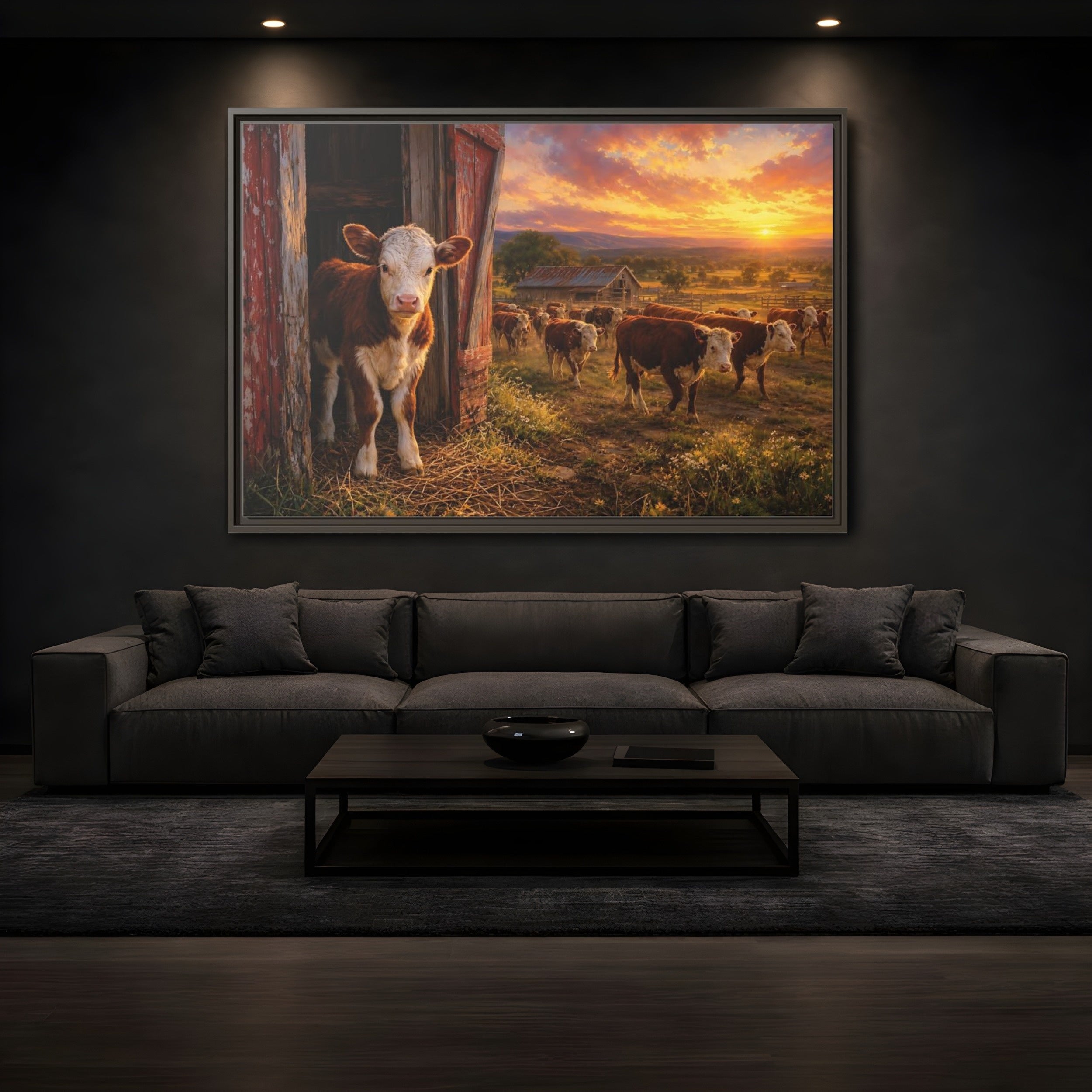 Mockup 3. Animals Cows Farm Sunset shown as stretched canvas wall art