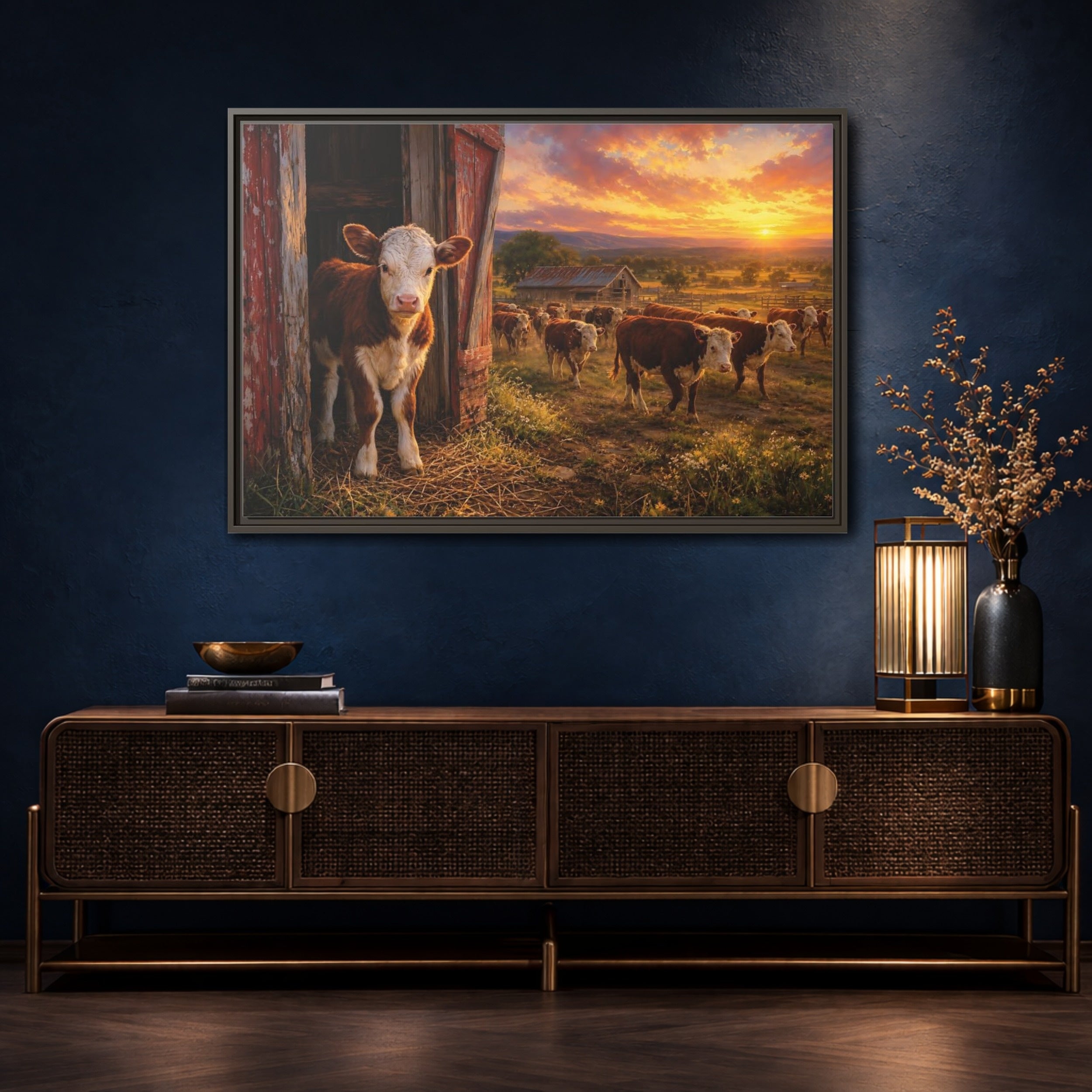 Mockup 4. Animals Cows Farm Sunset shown as stretched canvas wall art