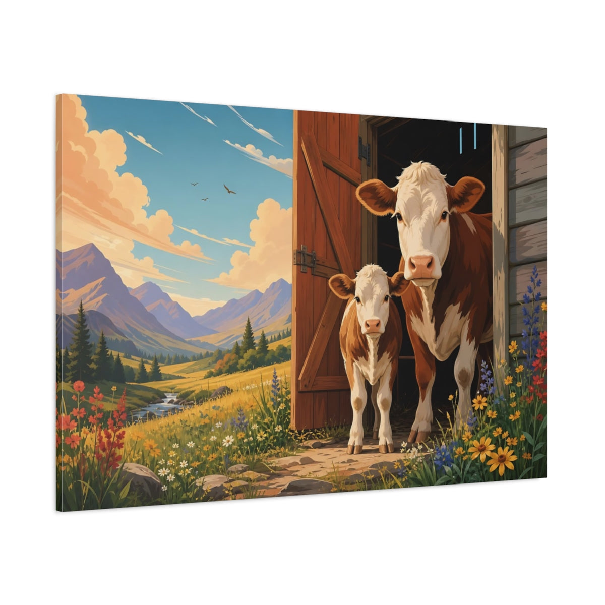 Side Mockup 1. Animals Cows Cows In Mountains shown as stretched canvas wall art